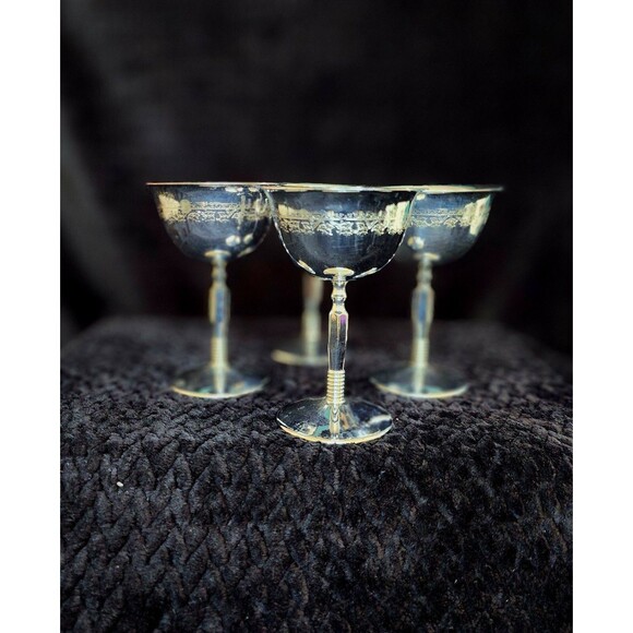 Set of 4 Vintage Etched Chrome Cocktail Glasses – Art Deco Barware - Picture 3 of 10